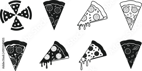 Pizza slice icon collection with dripping cheese pepperoni toppings and outline styles vector illustration for Italian fast food menu design