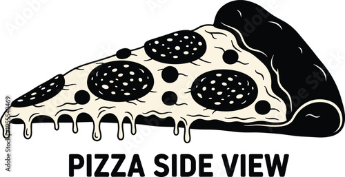 Pizza slice side view illustration with dripping cheese and pepperoni toppings vector design for Italian fast food restaurant menu