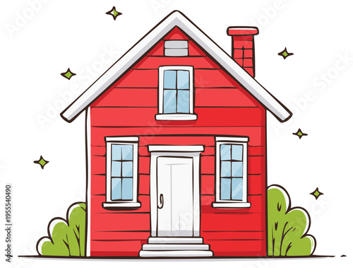 Charming cartoon red house with white trim surrounded by green bushes and sparkling stars