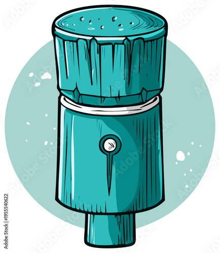 Stylized cartoon illustration of a teal graffiti spray can nozzle