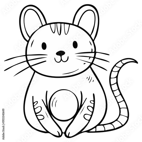 Cute cartoon mouse, outline drawing of a little rodent, black and white illustration of an adorable animal