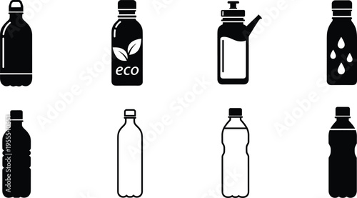 Plastic and reusable water bottle silhouettes collection with eco and hydration drink containers isolated on white background vector icon set