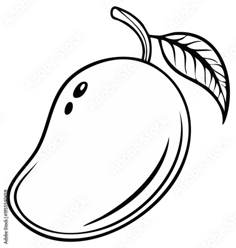Illustration of a ripe mango with leaf and stem, outline drawing, tropical fruit graphic.