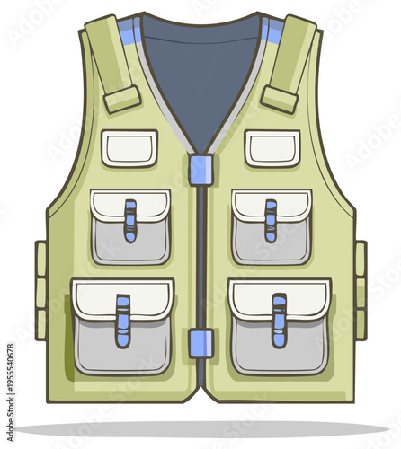Illustration of a light green and grey fishing vest with pockets and buckles, outdoors gear.