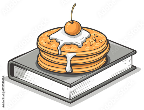 Stack of pancakes with cherry on top resting on an open book illustration