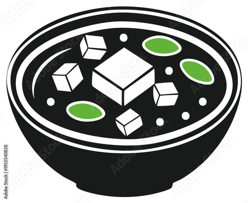 Vector illustration of a black bowl filled with miso soup and tofu cubes