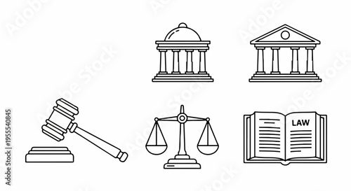 Law and justice symbols including gavel scales law book and courthouse buildings