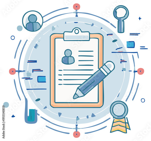 Conceptual illustration of job application, resume screening, and employee recruitment process