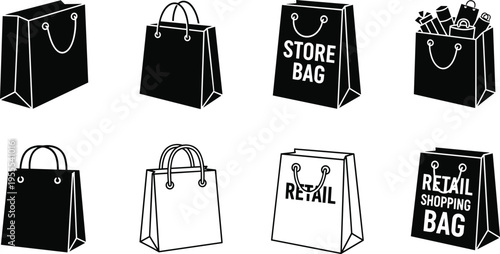 Retail Shopping Bag Silhouette Icon Set with Store Bags for Ecommerce Sale Marketing and Consumer Purchase Design