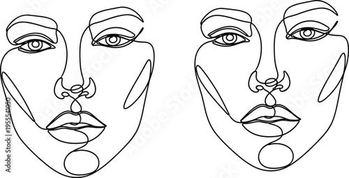 Vector illustration set of young woman faces and character heads with different hair and funny comic expressions featuring a smiling lady sketch and black mask art drawing