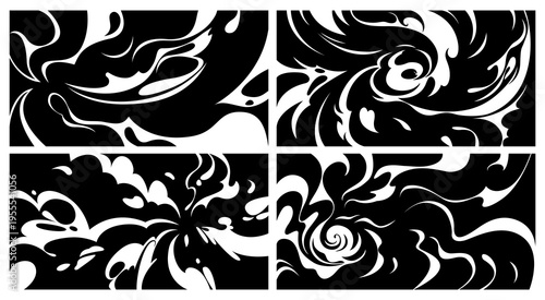 A set of unusually shaped backgrounds. Various curving, sinuous silhouettes. A blast wave, flowing water, unusual cloud shapes. Comic book illustration.  Energetic hand-drawn lines.
