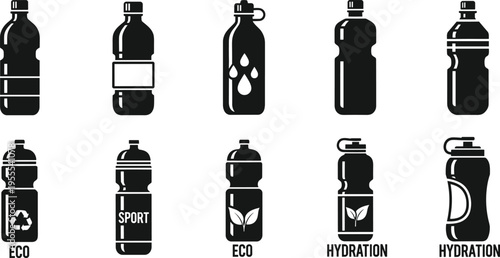 Reusable water bottle silhouettes collection including sport, eco and hydration bottles isolated on white background reusable drink container vector icon set