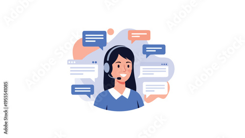 Illustration of a customer service representative wearing a headset with speech bubbles around her head against a white background with blue and