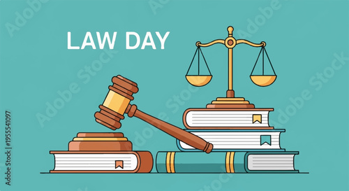 Law day illustration with gavel scales of justice and books on a teal background