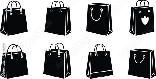 Set of eight black shopping bag icons with varied shapes, handles, and decorative elements including heart and stripe designs, perfect for retail, fashion, branding, and packaging.