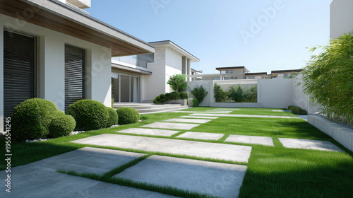 A modern home with a beautiful yard. Featuring a walkway that blends the natural elements