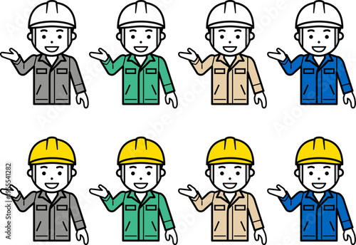 「こちら」と指し示すヘルメットと作業服を着用した男性のアイコン。その2