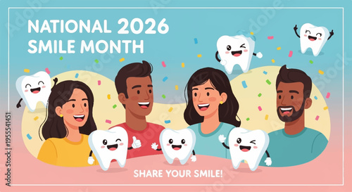 Diverse group of smiling people celebrating national smile month with happy teeth
