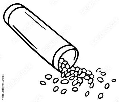 Outline illustration of a medication capsule tipping over and spilling small round pills onto a surface