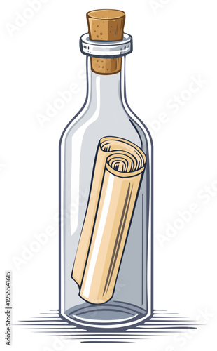 A glass bottle sealed with a cork contains a rolled-up parchment message.