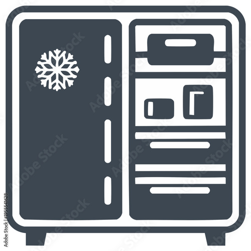 Household Refrigerator with Open Door and Food Storage Compartments, Freezer with Snowflake