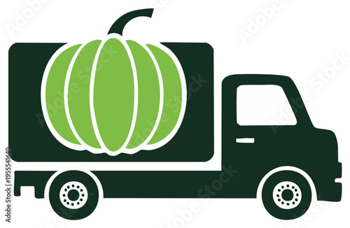 Silhouette of a delivery truck carrying a large green pumpkin for harvest festivals or food deliveries