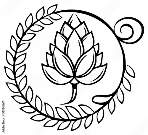 Botanical hop flower emblem with laurel wreath, ornamental brewing ingredient for beer craft