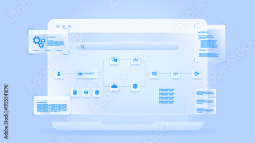 AI workflow automation artificial intelligence. ai agent workflow diagram dashboard architecture data processing system, coding panel and automation flow.