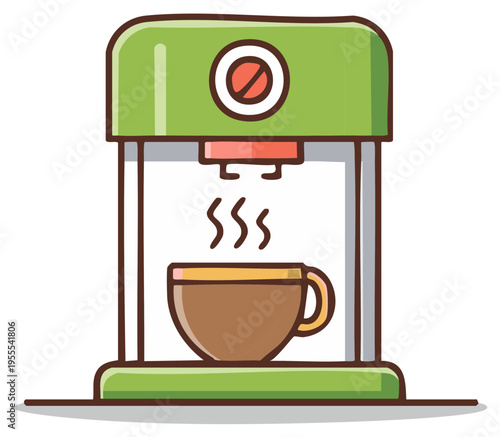 Green coffee maker icon brewing hot steaming coffee into a brown mug cartoon illustration