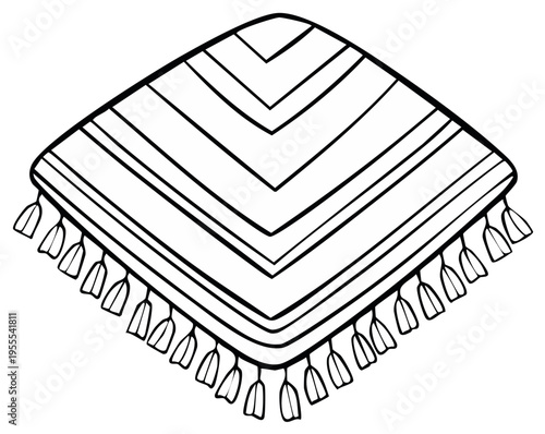 Hand Drawn Poncho with Stripes and Fringes, Isolated on White, Southwestern Fashion Item