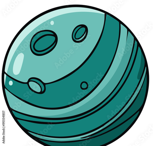 Cute cartoon teal planet with craters and striped bands a space illustration