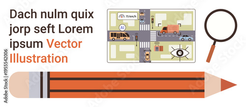AI technology, urban transport, education, design, navigation, innovation. City map with autonomous vehicles, pencil magnifying glass and eye symbol. AI technology and urban transport concept