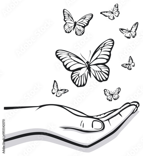 Hand releases butterflies into the air, black and white sketch depicting freedom, transformation, and nature's delicate beauty, linear illustration.