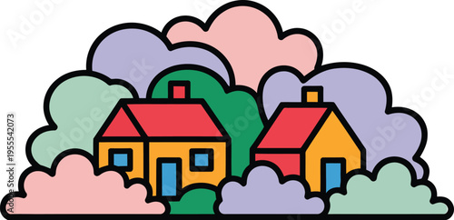 Two colorful houses with red roofs surrounded by fluffy clouds and trees in a whimsical landscape