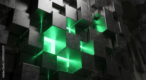 Wall of dark gray cube with green light emanate from a central space, creating an abstract architectural composition, representing modern design