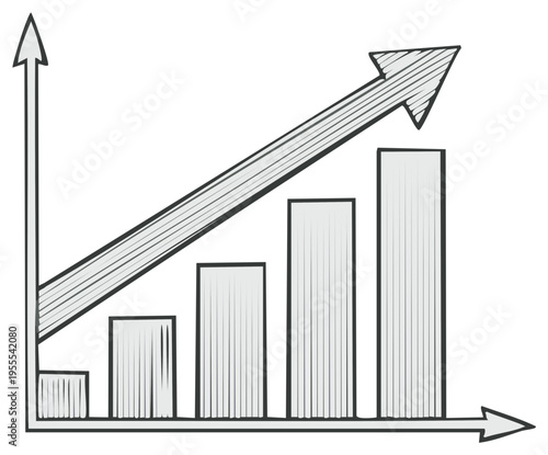 Hand drawn chart showcasing business growth and positive trends represented by bars and arrows, displaying rising progress and upward direction