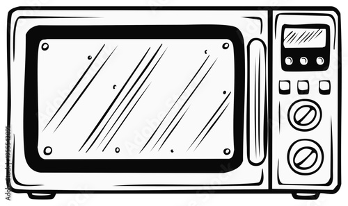 Retro Microwave Oven Doodle, Kitchen Appliance Illustration in Black and White, Front View with Digital Display and Buttons