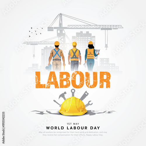 happy Labour day or international workers day vector illustration, site engineer, labour with safety cap going to construction site. labor day and may day celebration design.