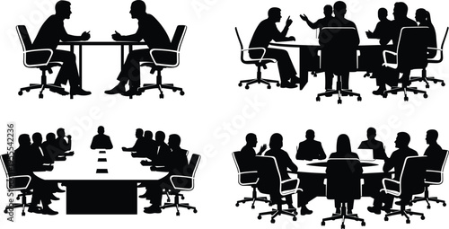 Black and white business meeting silhouettes showing teamwork, corporate discussions, interviews, boardroom presentations, and collaborative group communication in professional settings