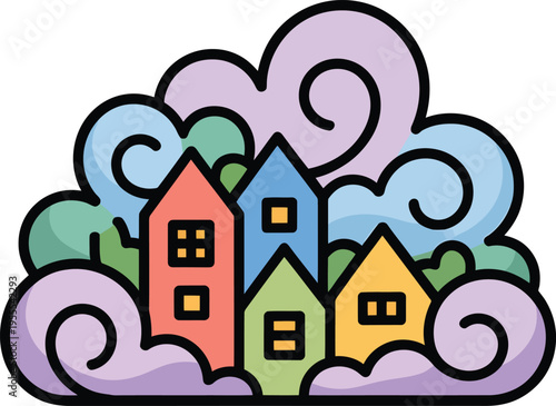 Colorful houses with swirly clouds and trees in background illustration