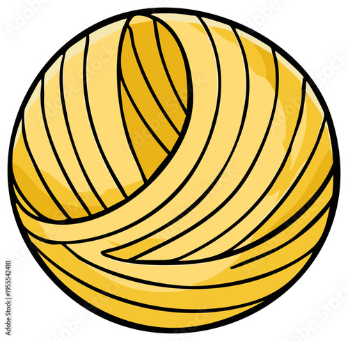 Illustration of a round ball of yellow yarn with black outlines, simple, vector