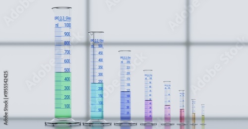 Tableau sur toile Family of graduated laboratory measuring cylinders each containing a different color diluted clear liquid - Borosilicate heat resistant glass