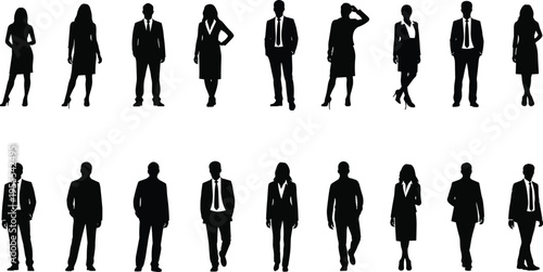 Black silhouettes of diverse business professionals standing in two rows, showing corporate attire, posture, teamwork, and workplace diversity