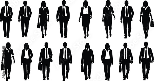 Black silhouettes of diverse business professionals walking forward in two rows, carrying briefcases, showing teamwork, corporate attire, and workplace diversity