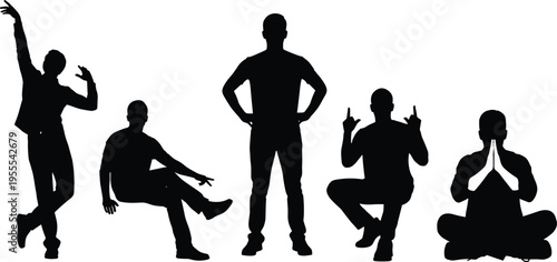 Black silhouettes of diverse people in expressive poses, showing celebration, relaxation, confidence, playfulness, and meditation in minimalist style