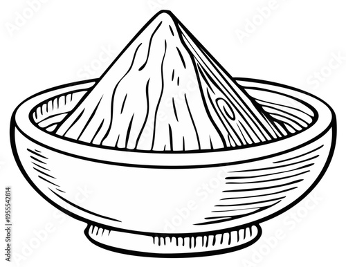 Hand drawn illustration of a pile of ground spice or flour in a bowl in a vintage woodcut style