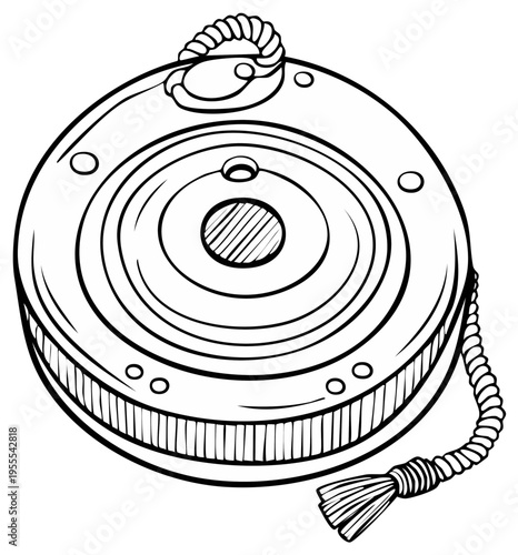 Black and White Illustration of a Round Leather Case with Cord Handle, A Vintage Inspired Design