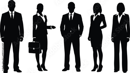 Black silhouettes of five business professionals standing in row, wearing suits and skirts, holding briefcase, showing workplace diversity