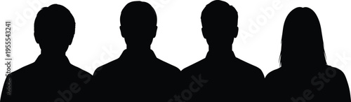 Black silhouettes of four people standing side by side, showing variation in hairstyle, posture, and anonymous group identity