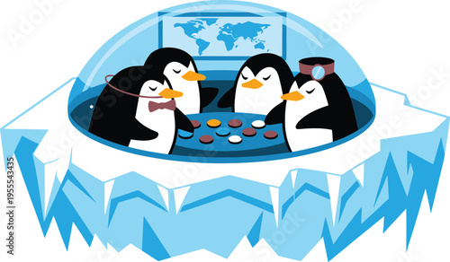 Four penguins play poker in an icy dome with a world map